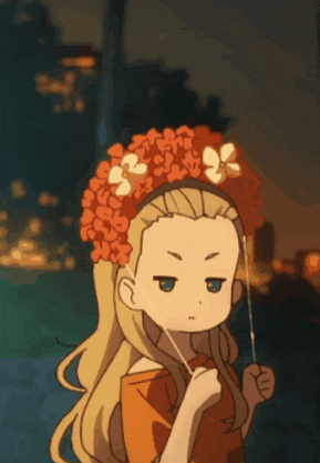 a cartoon girl with a flower headband is holding a stick