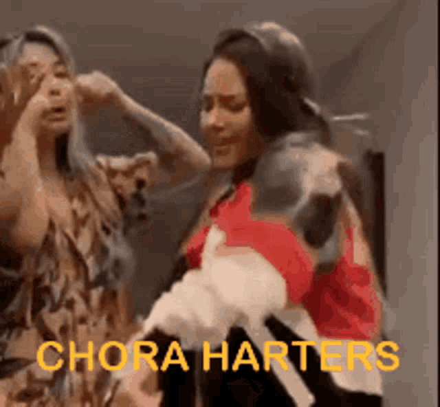 a couple of women standing next to each other with the words chora harters written on the bottom