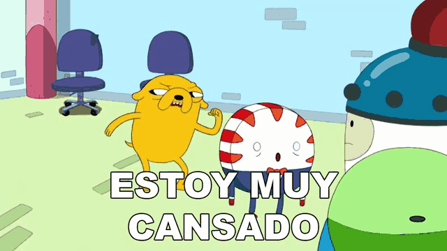 a cartoon character with the words estoy muy cansado on it