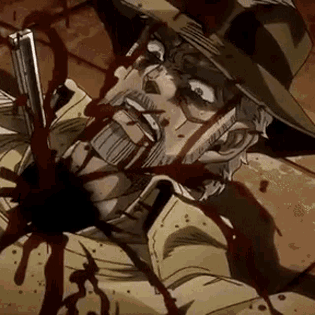 a man in a hat is laying on the ground with blood coming out of his chest .