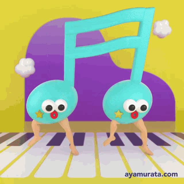 a cartoon drawing of a music note with a yellow background and the website ayamurata.com below it