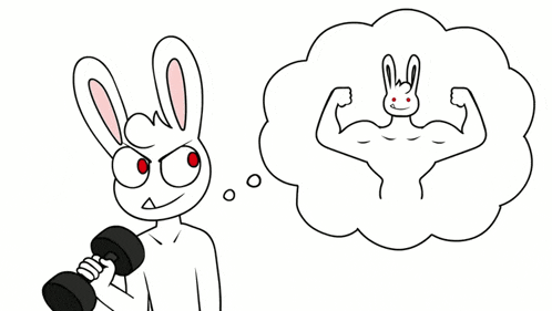 a cartoon of a rabbit holding a dumbbell and thinking about a bunny with muscles