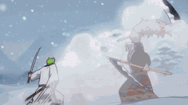 a cartoon of a man with a sword and a scythe fighting another man