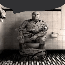 a black and white photo of a man in military uniform sitting on a toilet .