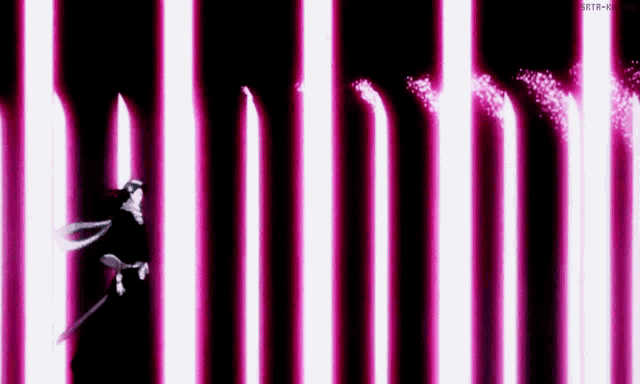 a person is holding a sword in front of a row of pink lights .