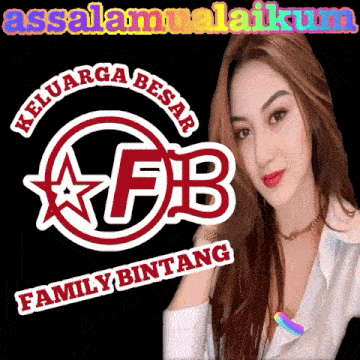 a woman is standing in front of a logo for keluarga besar fb family bintang