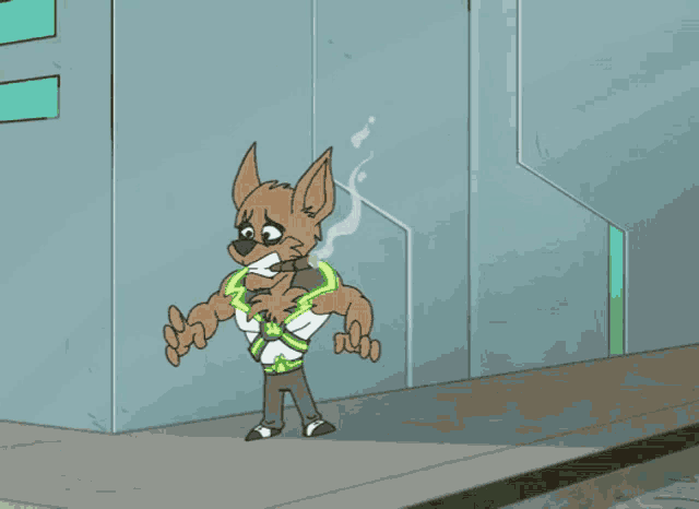 a cartoon drawing of a dog wearing a superhero costume and smoking a cigarette