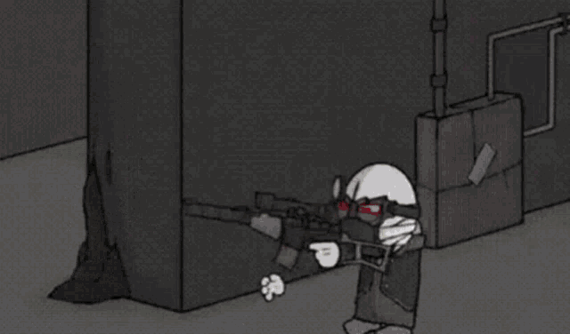 a black and white cartoon character is holding a gun in a room .