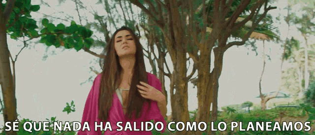 a woman in a pink dress stands in front of a tree with the words " se que nada ha salido como lo planeamos " below her