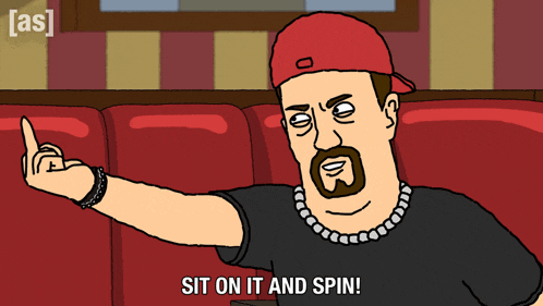 a cartoon of a man sitting on a couch with the words sit on it and spin below him