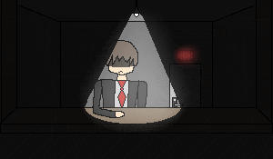 a pixel art drawing of a man in a suit and tie sitting at a table