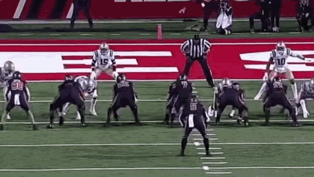 a group of football players are on a field with a referee in the middle .