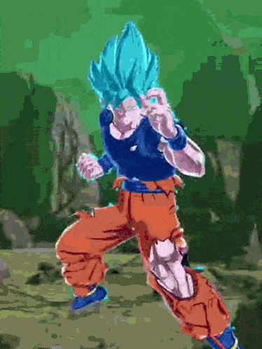 a pixel art of a cartoon character with blue hair and orange pants