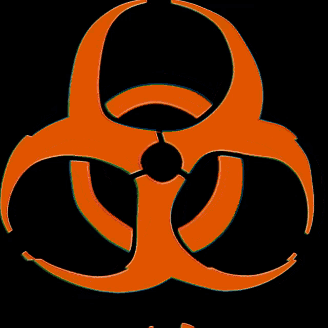 an orange biohazard symbol is against a black background