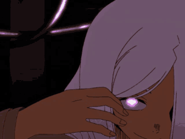 a person with long white hair is holding a purple object in front of their eye