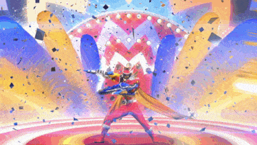 a man in a red and blue superhero costume stands on a stage with confetti falling around him