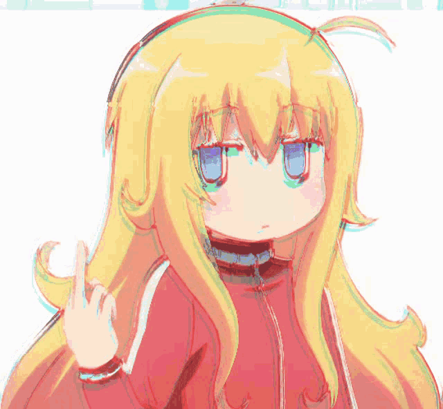 a drawing of a girl with blonde hair and blue eyes giving the middle finger