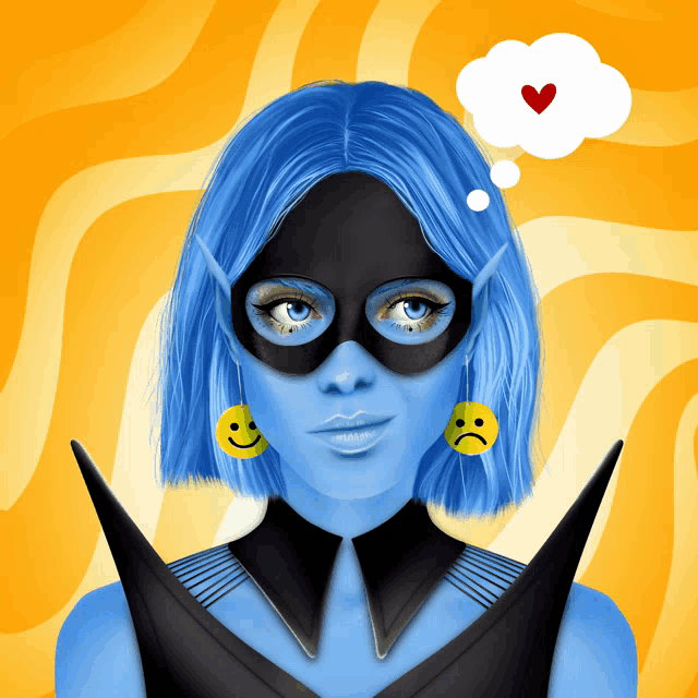 a woman with blue hair and a black mask has a thought bubble with a heart above her head