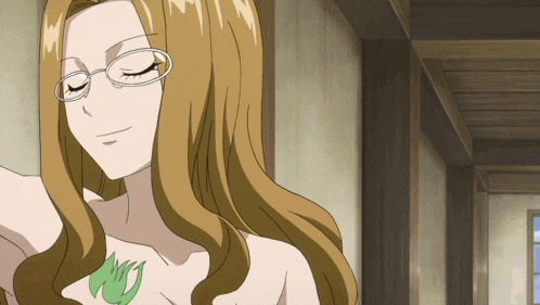 a naked anime character with glasses and a green leaf tattoo on her chest