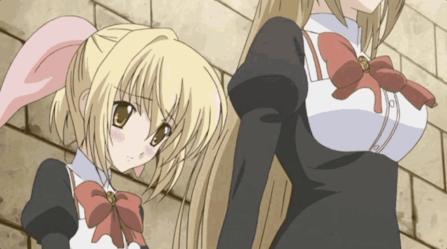 two anime girls are standing next to each other and one has a red bow on her head