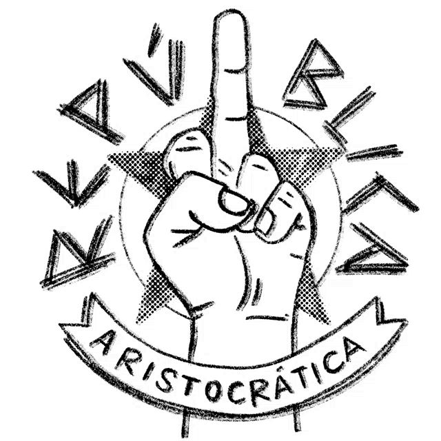 a black and white drawing of a finger and the words " aristocratica " on the bottom