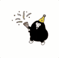 a cartoon of a black penguin wearing a party hat and holding a party popper .