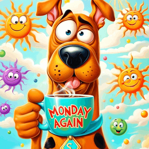 scooby doo is holding a cup of monday again