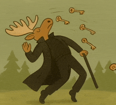 a moose in a trench coat is holding a cane and throwing keys in the air