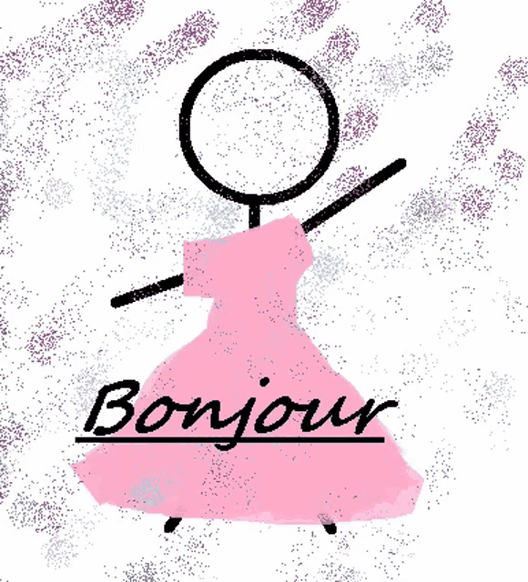 a drawing of a woman in a pink dress with the word bonjour below her