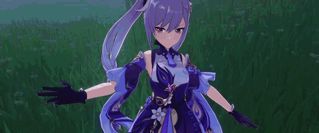 a girl with purple hair is holding a purple lightning bolt in a video game .