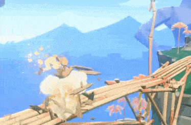 a person is standing on a wooden bridge in a video game with a explosion coming out of it .