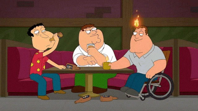 a cartoon of peter griffin sitting at a table with two other people