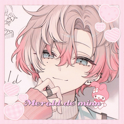 a drawing of a girl with pink hair and the words merelda de ming