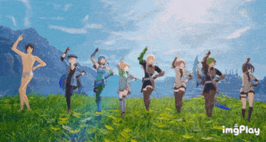 a group of people are dancing in a field with a man standing in the background and the words imgplay below them