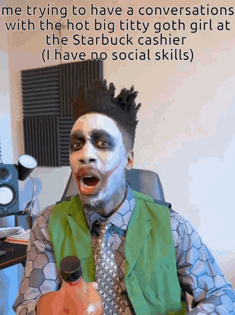 a man in a joker costume is holding a bottle of soda