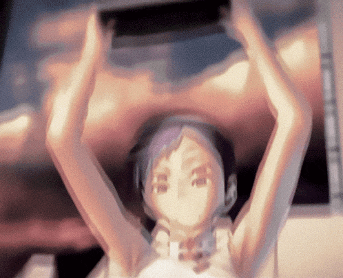 a blurred image of a girl with purple hair holding something in her hands