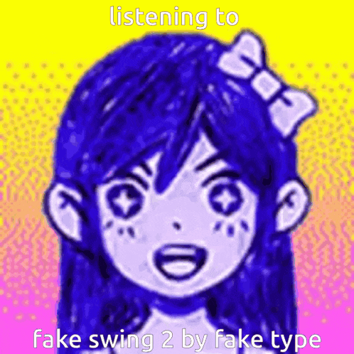 a drawing of a girl with blue hair and a bow in her hair says listening to fake swing 2 by fake type .