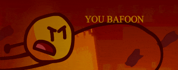 a cartoon character says " you bafoon " in front of a red background