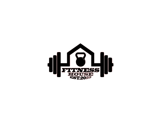 a logo for a fitness house with a dumbbell and a kettlebell on a white background .