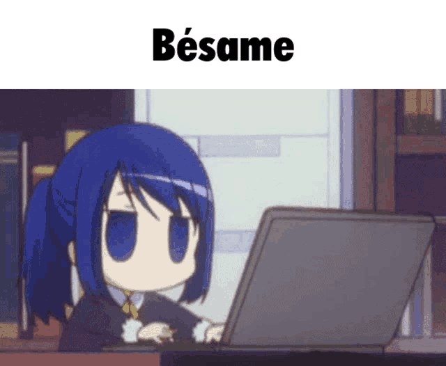 a girl with blue hair is typing on a laptop with the text besame above her