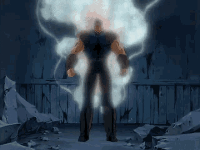 a cartoon character is standing in a dark room with smoke coming out of his body