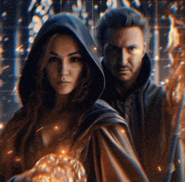 a man and a woman are standing next to each other and the woman has a hood on