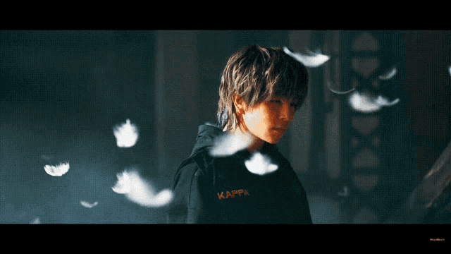 a person wearing a kappa hoodie with feathers flying around them