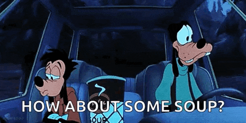 goofy and mickey mouse are sitting in the back seat of a car and talking about some soup .