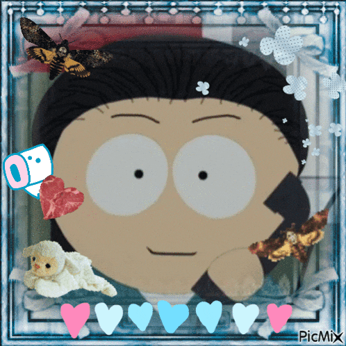 a picture of a cartoon character with hearts around it