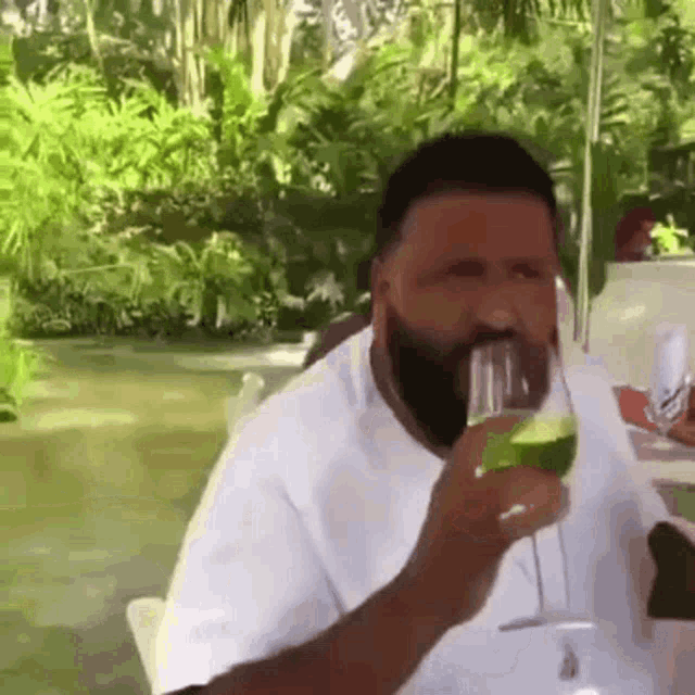 a man with a beard is drinking a glass of green liquid .