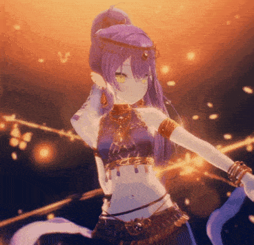 a girl with purple hair and yellow eyes is dancing in a dark room