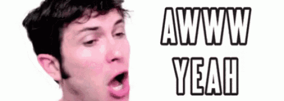 a man is making a funny face with his mouth open and the words `` aww yeah '' written above him .