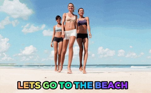 three women standing on a beach with the words lets go to the beach below them