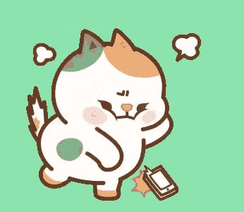 a calico cat is holding a cell phone in its paw